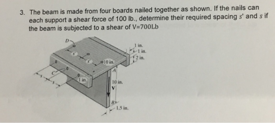 3. The beam is made from four boards nailed together as shown. If the nails can each support a shear force of 100 lb., determ