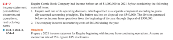 E 4-7 Esquire Comic Book Company had income before tax of $1,000,000 in 2021 before considering the following Income statemen
