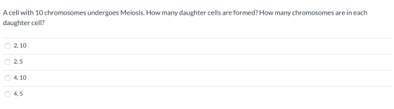 A cell with 10 chromosomes undergoes Meiosis. How many daughter cells are formed? How many chromosomes are in each daughter c