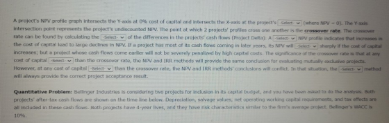 A projects NPV profile graph intersects the Y-axis at 0% cost of capital and intersects the X-axis at the projects Select (