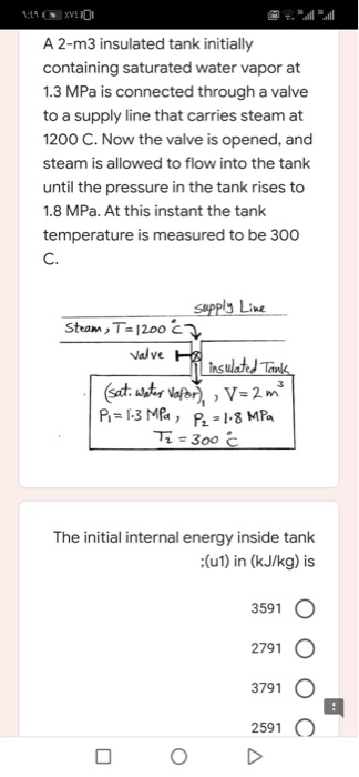 4:29:10 A 2-m3 insulated tank initially containing saturated water vapor at 1.3 MPa is connected through a valve to a supply