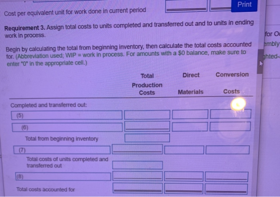 Print Cost per equivalent unit for work done in current period Requirement 3. Assign total costs to units completed and trans