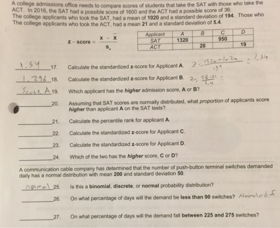 A college admissions office needs to compare scores of students that take the SAT with those who take the The college applica