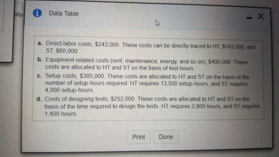 Data Table a. Direct-labor costs, $243,000. These costs can be directly traced to HT, $183,000, and! ST, $60.000 b. Equipment