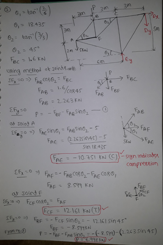 3 m 8 01 18.435 3m) Te - ec Sm 1. 6 604 AB = 2.263 kN A B A F AE Sin 18.43S Comprex8ion BF FCF FAe sino,-(8. SY)-(2.263 sin 4s)