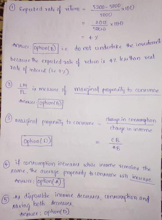 5900-5000 x100 Expeuted rate of retum 5000 200 5BOO = 4 % AnALwer:ophonlBe do not undertalce the invuhment becaune the expeet