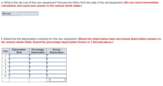 e. What is the net cost of the new equipment? (Include the inflow from the sale of the old equipment.) (Do not round Intermed