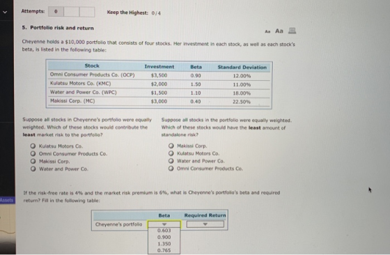 Attempts: 0 Keep the Highest: 0/4 5. Portfolio risk and return Aa Aa E Cheyenne holds a $10,000 portfolio that consists of fo