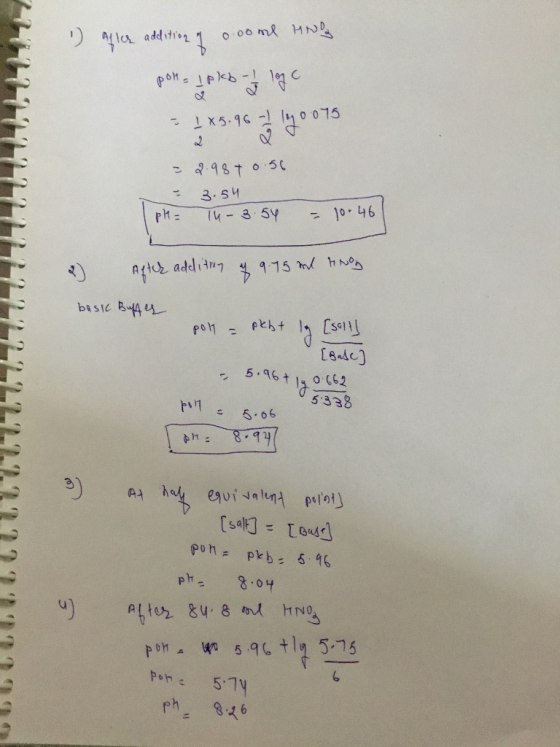 1 Afler addition of o.oome HNB por cap logo - 1x5.96 - 140075 = 29.98 +0.56 - 3.54 1 pH= TH-3.54 = 10.461 2) After addition o