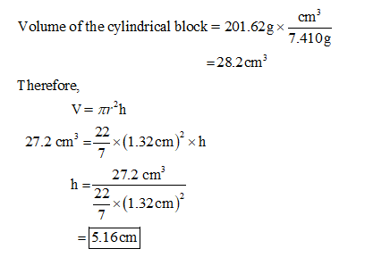 Volume of the cylindrical block- 201.62gx 57.4108 28.2cm3 Therefore, 27.2 cm3x(1.32cm) xh 27.2 cm 2 (1.32cm) 5.16cm