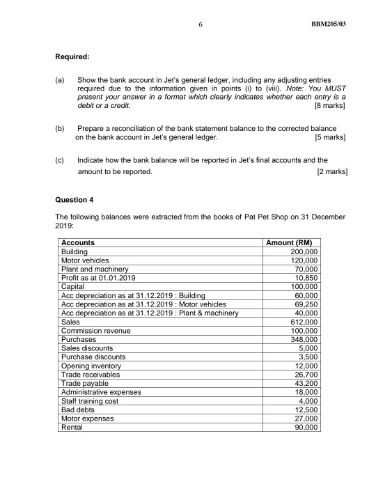 6 BBM205/03 Required: Show the bank account in Jets general ledger, including any adjusting entries required due to the info