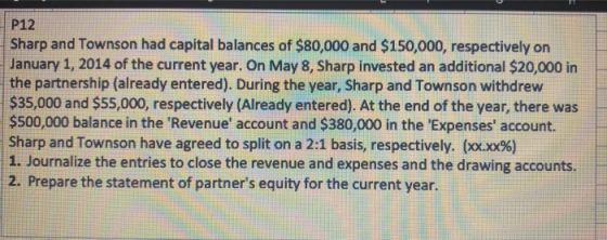P12 Sharp and Townson had capital balances of $80,000 and $150,000, respectively on January 1, 2014 of the current year. On M