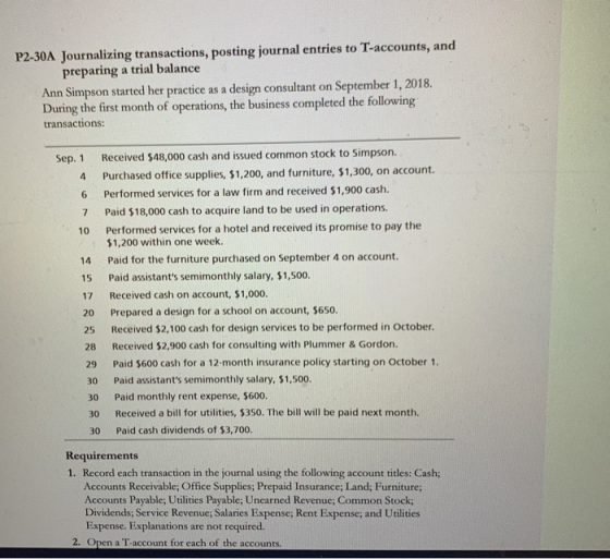 P2-30A Journalizing transactions, posting journal entries to T-accounts, and preparing a trial balance Ann Simpson started he