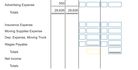 550 Advertising Expense 29,626| 29,626 Totals Insurance Expense Moving Supplies Expense Dep. Expense, Moving Truck Wages Paya