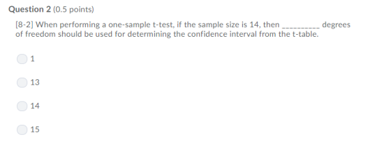 Question 2 (0.5 points) 8-2] When performing a one-sample t-test, if the sample size is 14, then of freedom should be used fo