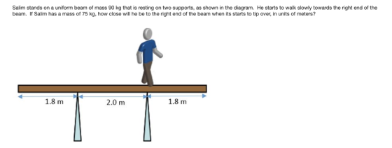 Salim stands on a uniform beam of mass 90 kg that is resting on two supports, as shown in the diagram. He starts to walk slowly towards the right end of the beam. If Salim has a mass of 75 kg, how close will he be to the right end of the beam when its starts to tip over, in units of meters? 1.8 m 2.0 m 1.8 m