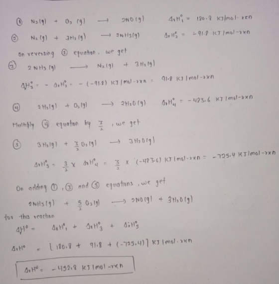 Ao Hi = 180.2 kJ/mol-ren SoHS = =91.2 KJ I mol-oxn © 0 Nalg) + O₂ 191 - 200 (9) Nzig) + 3H2(g) 2NH319) on reversing equation,