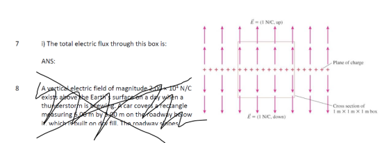 7 i) The total electric flux through this box is ANS: Plane of charge N/C n a A yertical ectc d of magnitud vehe Ea surfa exis thunderstorm is myasuring t. whic ефа ngle Cross section of I m X 1 m X 1 m box car cove m on thg oadwfybelow by uilt on dfill Е-е (1 N/C, down)