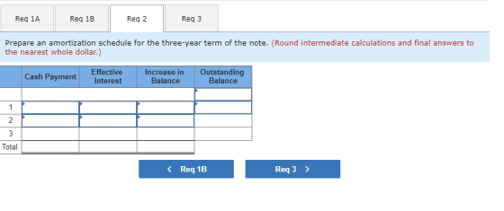 Reg 1A Reg 1B Reg 2 Reg 3 Prepare an amortization schedule for the three-year term of the note. (Round intermediate calculati