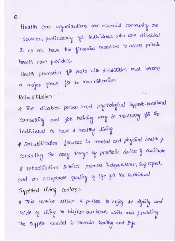 Health care oraní zations aoie essential community se- Sounces, poanticuloly individuals ho ohe disabled 8t do nob have tho Rtnancial resonces to access privale heatth cone providers- Heath promotion peoplo ih disabiGties must belome Reha biGtation: * The disabied person need psHucholopical Suppoot. Vocational individua to hawe a healthy iv ing Rehabilitatin focusses in mental and puysical health ^ conecting the bod1 fmaưe b prosthetic date ⅔ ouwlable prosthetic dourcex?ћ aveu lable services ParnttL Wdefendance, set Yageck, ehabilitat,on and an acceptable lte ta theindividua ted Living centres: 半This Service allous q person to enjod he dinity and Suppent needed to szewcún health and ga