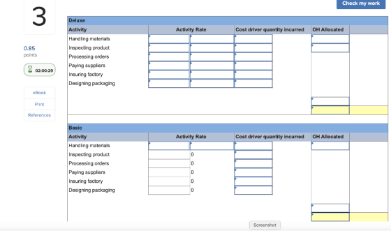 Check my work Activity Rate Cost driver quantity incurred OH Allocated 0.85 points Deluxe Activity Handling materials Inspect