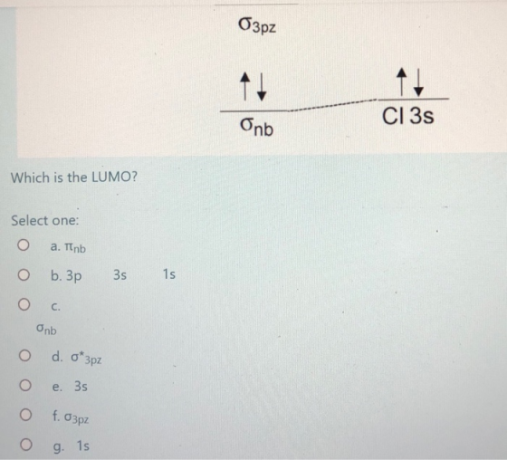 ОзрZ 11 СІ Зѕ Onb Which is the LUMO? Select one: o a. Пnb o b. Зp3s о с. 1s Onb а*3pz е. 3s of. Озру o g. 15 ооо