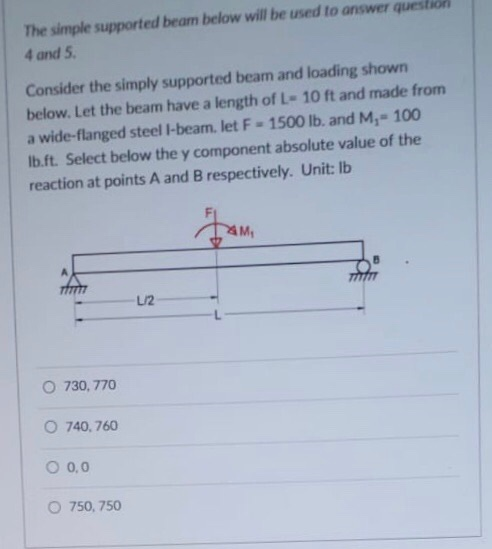 The simple supported beam below will be used to answer questior 4 and 5 Consider the simply supported beam and loading shown