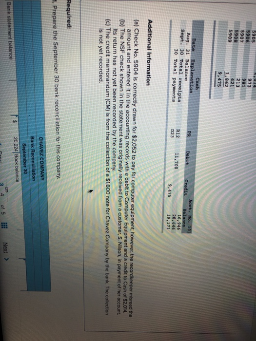 5905 5906 5907 5908 5909 014 973 981 213 421 1,862 9,475 Cash Date Explanation Aug. 31 Balance Sept. 30 Total receipts 30 Tot
