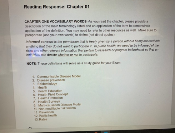 Reading Response: Chapter 01 CHAPTER ONE VOCABULARY WORDS -As you read the chapter, please provide a description of the main