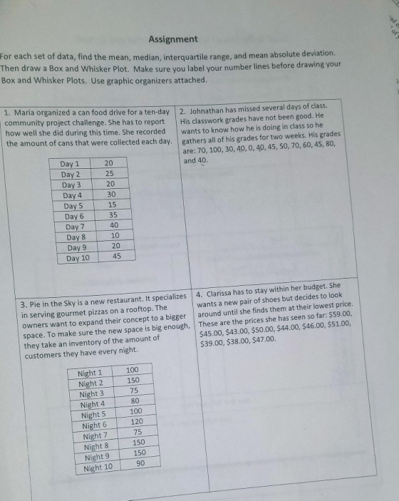 Assignment For each set of data, find the mean, median, interquartile range, and mean absolute deviation. Then draw a Box and