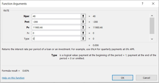 Function Arguments ? x RATE Pmt Nper -288 Py 11980.46 Evo Type o 1 1 1 = 48 = -288 = 11980.46 = 0.006 Returns the interest ra