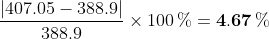 \frac{\left |407.05-388.9 \right | }{388.9}\times 100\, \%=\mathbf{4.67\, \%}