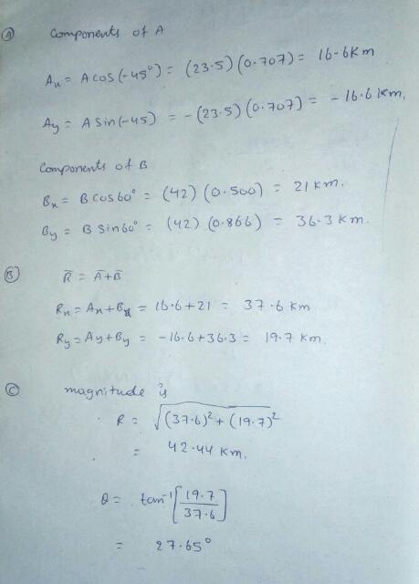 A- A cos)(23 s) (o. 707) b-6K m 16.6 km, A Sins)(23.s) (o07) Components o G Sin b(42) ( 866)36 3 km. Ant 16-6+2132 6 m magni tude i .[(31.9%(19.7) 42 Km 2765。