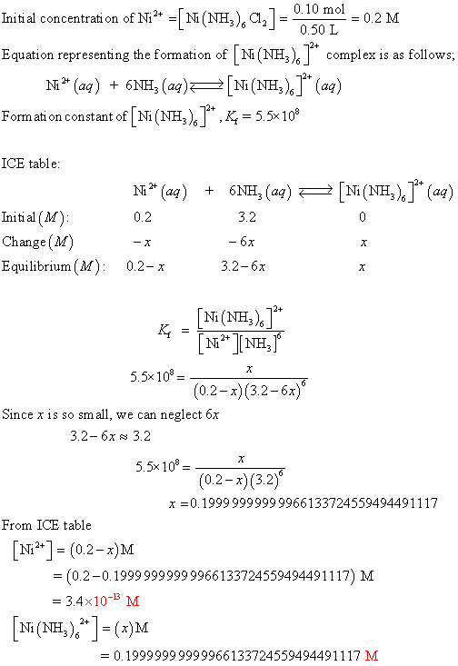 0.10 mol Initial concentrati on of Ni* =[N(NH3), a,] = 500= 0.2 M Equation representing the formation of (N( complex is as fo