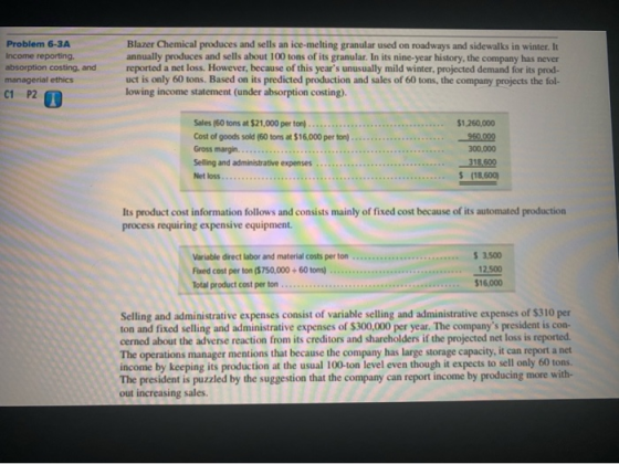 Problem 6-3A Income reporting. absorption costing, and managerial ethics C1 P2 Blazer Chemical produces and sells an ice-melt