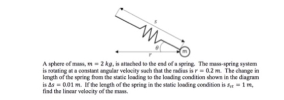 A sphere of mass, m- 2 kg, is attached to the end of a spring. The mass-spring system is rotating at a constant angular velocity such that the radius isr-0.2 m. The change in length of the spring from the static loading to the loading condition shown in the diagram s As-0.01 m. If the length of the spring in the static loading condition is st1m find the linear velocity of the mass.