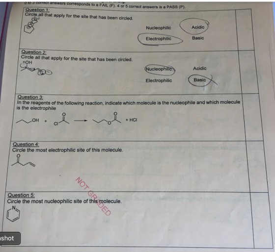 0 to 3 correct answers corresponds to a FAIL (F). 4 or 5 correct answers is a PASS (P). Question 1: Circle all that apply for