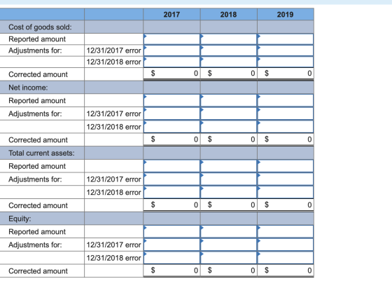 2017 2018 2019 Cost of goods sold: Reported amount Adjustments for: 12/31/2017 error 12/31/2018 error HH Corrected amount 0 $