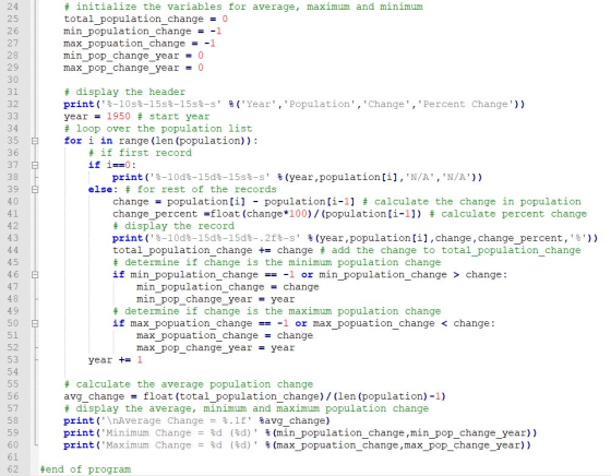 # initialize the variables for average, maximum and minimum total_population change = 0 min_population change = -1 max_popuat