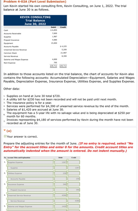 Problem 4-02A (Part Level Submission) Len Kevin started his own consulting firm, Kevin Consulting, on June 1, 2022. The trial