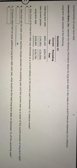 Current Portion of Long-Term Debt Connies Bistro, Inc. reported the following information about its long-term debt in the no