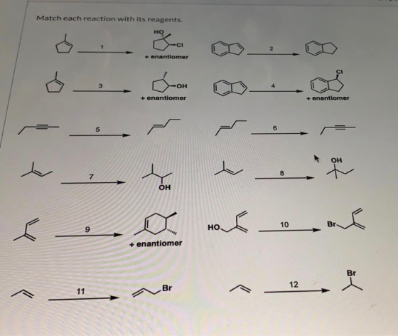 Match each reaction with its reagents. HO CI 2 + enantiomer CI 3 -OH 4 + enantiomer + enantiomer 5 6 OH 8 OH 10 HO 9 Br + ena