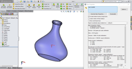 SOLIDWORKS Part1 Search SolidWorks Help ?ヤー ア Swept Boss/Base Wrap | 其 UI Mass Properties Extruded Revolved Boss Base Boss/Ba