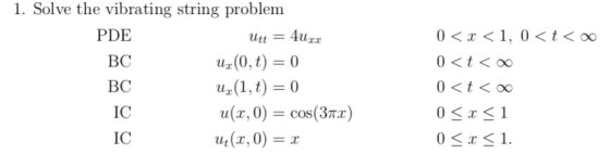 1. Solve the vibrating string problem PDE BC BC IC IC utt T.T Uz(0,t) = 0 u(1,t0 u(x,0cos(3T) 14(2.0) = x