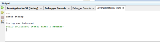 Output JavaApplication37 (debug) x Debugger Console x Debugger Console x JavaApplication37 (run) x Enter string String was Ba