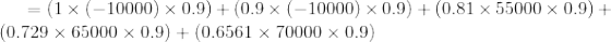 = (1 + (-10000) x 0.9) + (0.9 x (-10000) x 0.9) +(0.81 x 55000 x 0.9) + (0.729 x 65000 X 0.9) + (0.6561 x 70000 x 0.9)