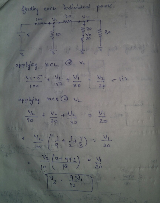 finding each individual power Vi MM 30 SO 3 3 applying kel. No-5 + 1 00 SD 20 20 applying Kee @ V₂ V. & U₂ 2 90 20 30 20 5195