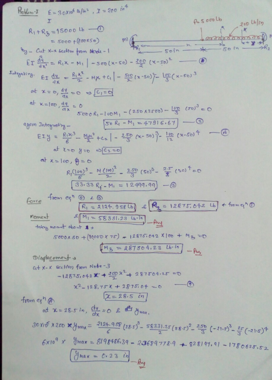 Problem I E=30x106 (blin2, I = 200 int I Ri+R₂ = 15000 lb Pesoco lb 200 Lblin so in- & SR2 By – Cut x-x section from sorole -