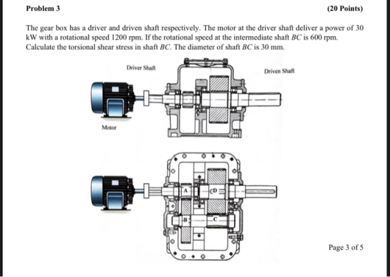 Problem 3 (20 Points) The gear box has a driver and driven shaft respectively. The motor at the driver shaft deliver a power