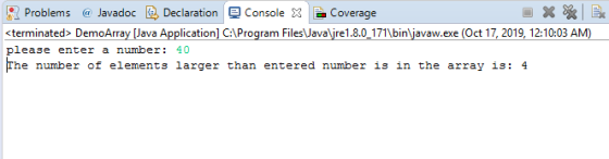Declaration Console Problems Javadoc Coverage <terminated> DemoArray [Java Application] C\Program Files\Java\jre1.8.0_171\bin